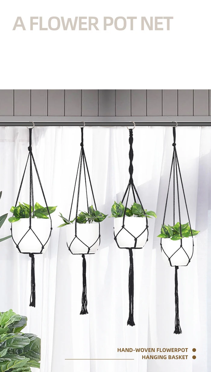 Hot Sale  Macrame  Plant Hanger  Holders  Black  Hanging  Planters  Basket with  Wood  Beads for  Boho  Home  Decor Tassels