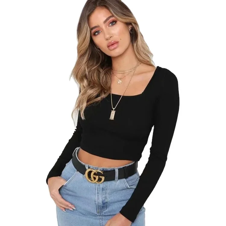 Французская квадратная воротниковая нить однотонная одежда для женщин, одежда для малышей футболка с длинными рукавами Новый для похудения короткий топ