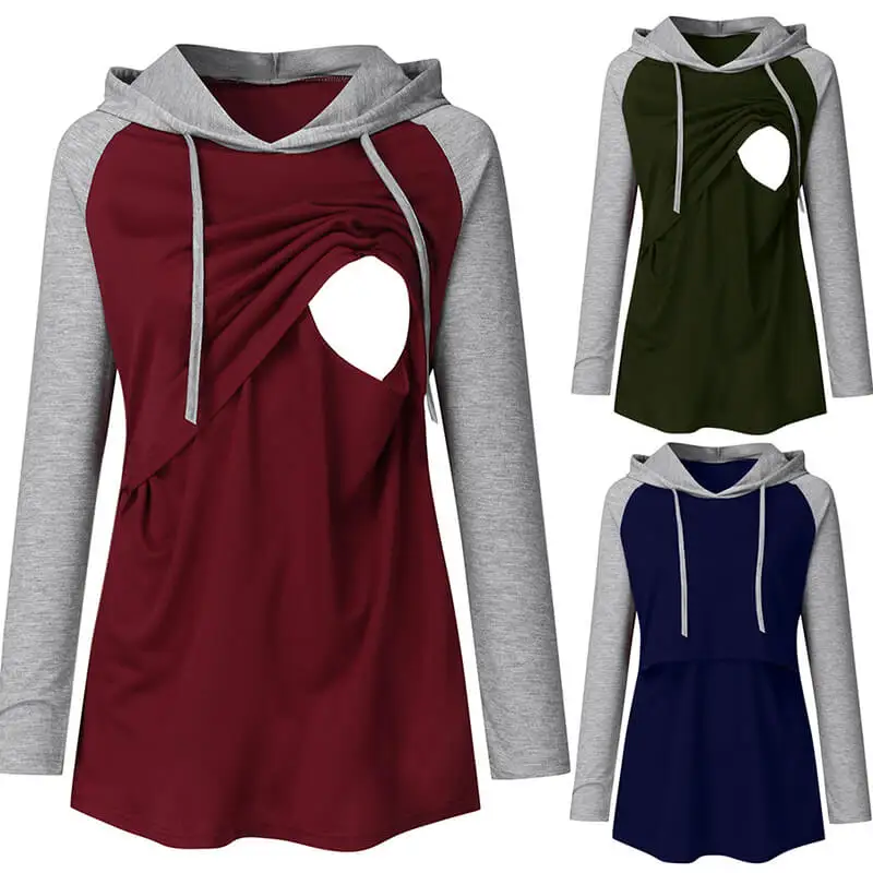 
Oem Mom Maternity Breastfeeding Autumn Winter Long Sleeve Stripe Splice Loose Sweatshirts Pregnant Nursing Women Sweater Hoodie 