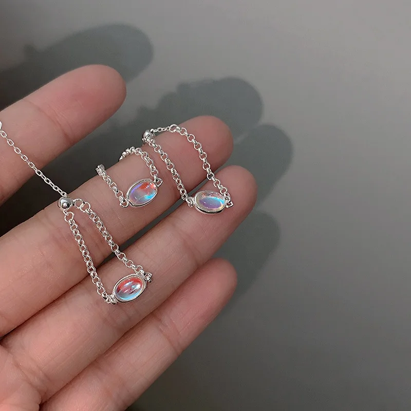 Fine 925 sterling silver colored moonstone finger chain resizable ring for women