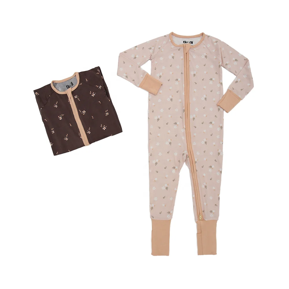 New Hot Sales Infant Pajamas Rompers Soft Breathable Bamboo Knitted Baby Clothes with Zipper Ruffle Custom Print for Autumn