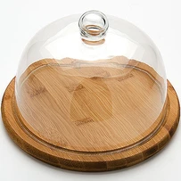 glass dome with bamboo tray cake stand Customized fancy and food safe display decorative wedding