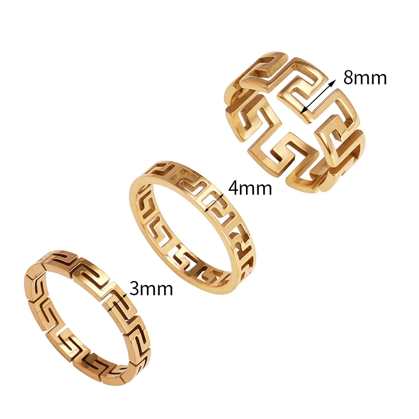 Minos Stainless Steel Jewelry Great Wall Band Rings Tarnish Free Jewelry 18K Gold Plated Simple Wide Hollow Rings for Women