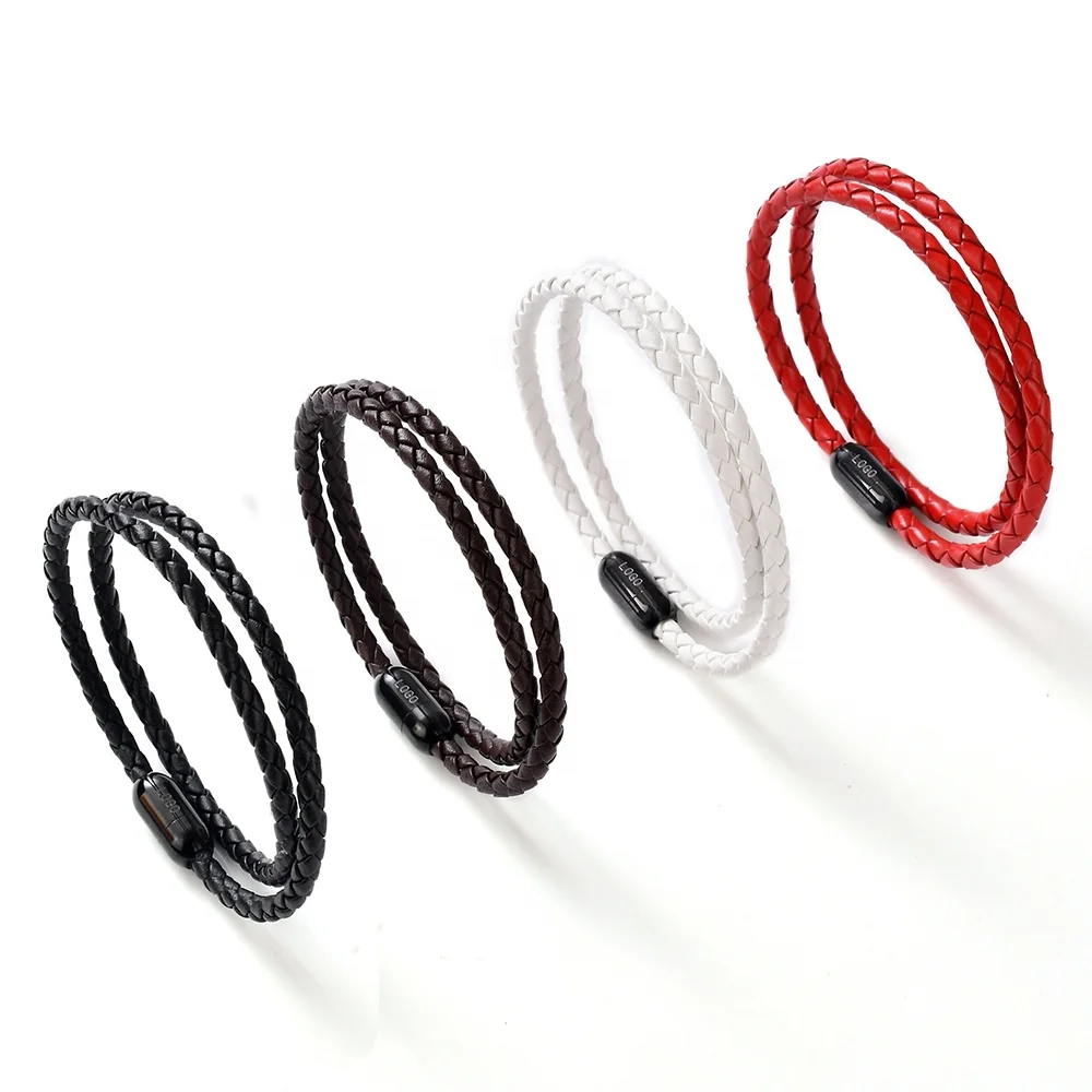 F560 Unisex Black Steel Stainless Magnetic Clasp Mens Genuine Cowhide Braided leather wrap bracelet for men or Women jewelry