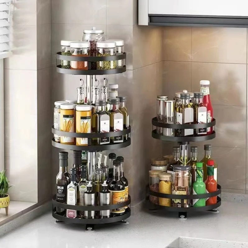 Stainless steel 360 degree rotating adjustable shelf 3 layer storage spice tank rack