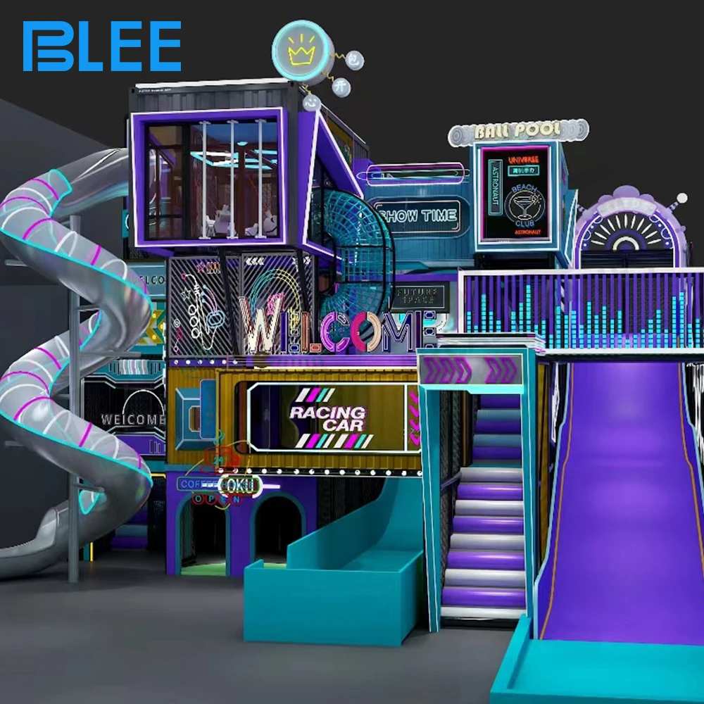 2024 Hot Cyberpunk Style Commercial Indoor Playground with Slide Trendy Sports Hall Equipment Trampoline Park for Kids Adult