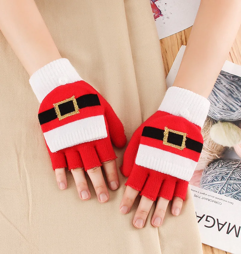 Ladies Teenager Winter Half Finger Thickened Warm Knitted Christmas Cartoon Cute Gloves