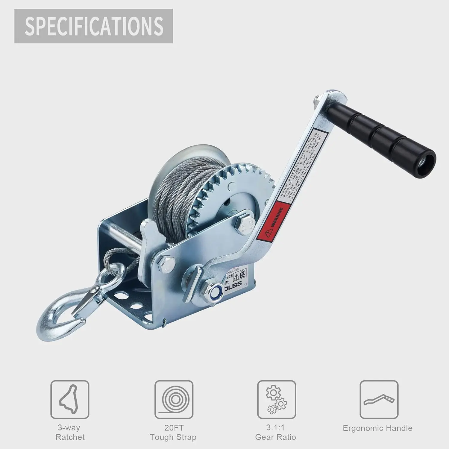 600lbs Hand Winch, Manual Winch Operated Two-Way Ratchet Boat Trailer Marine Winch
