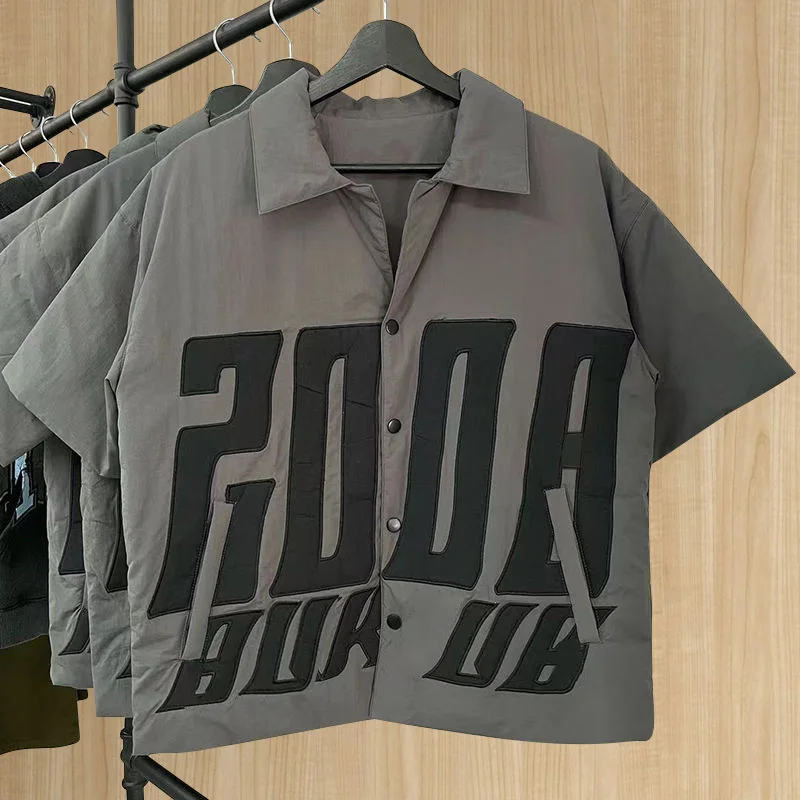 Custom logo OEM&ODM design patch embroidery logo puffer button up open collar shirts