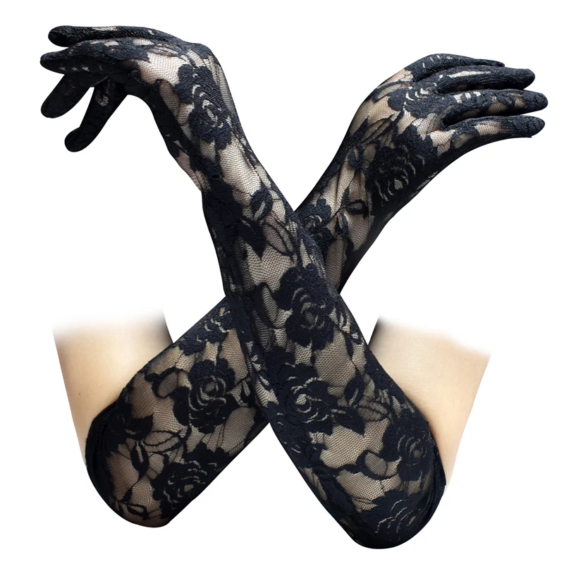 Womens Floral Sexy Lace Flower Gloves Long Opera Full Finger Sun Protection Female Nightclub Arm Costume Elbow Length Gloves
