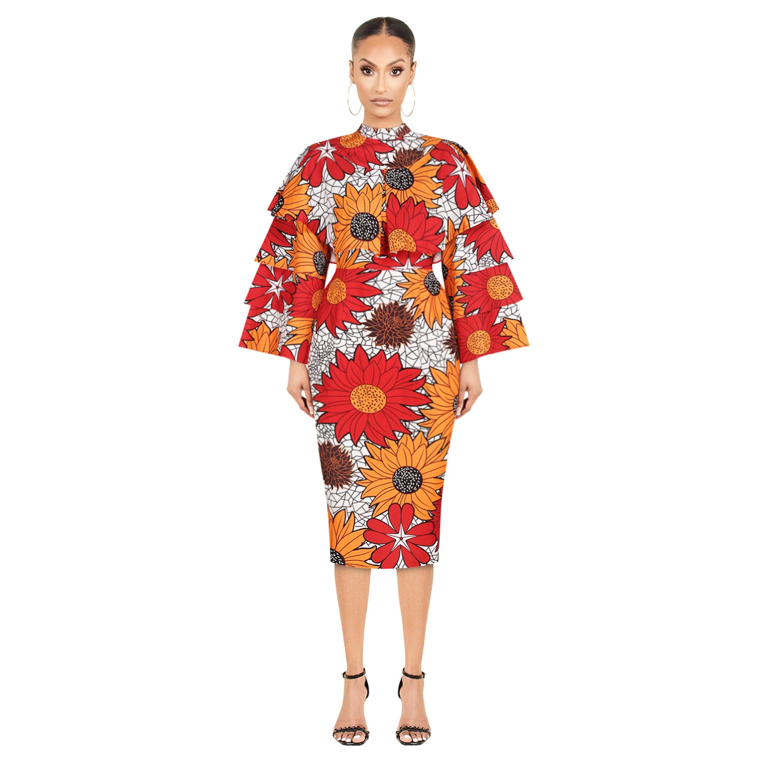 
Women Layer Long Sleeves African Kitenge Floral Printed Dress Dashiki Formal Office Pencil Midi Cape Dresses African Clothing 