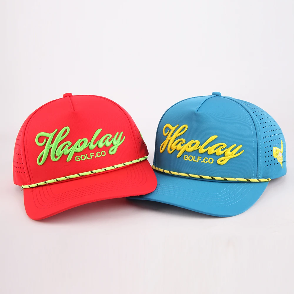 Fashion Custom 3D embroidery logo 5 Panel Waterproof Polyester Sport Golf Hat,Laser Cut Perforated Dad Gorras,Rope Baseball Cap