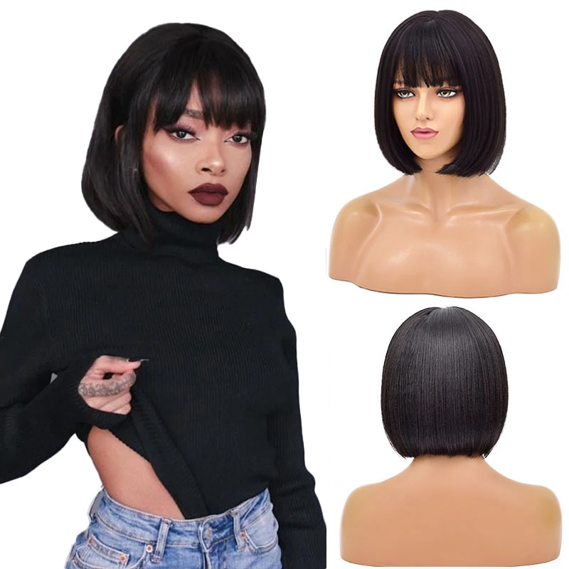 Bob Black Wig 12 Inch Colorful Short Straight Bob Wigs With Bangs Shoulder Length Synthetic Cosplay Daily Party Wigs for Women