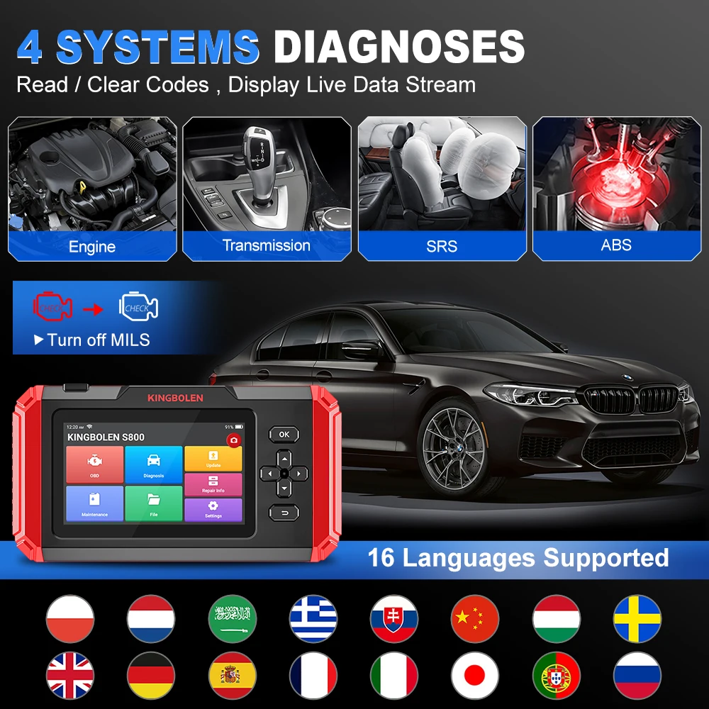 Universal Kingbolen S800 Four System Automotive Diagnostic Tool Machine OBD2 Scanner for all Cars Software Lifetime Free Update