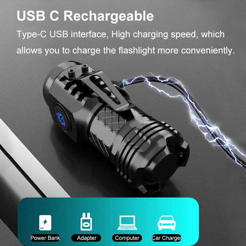 Оптовая продажа ультра яркий фонарик EDC ABS пластиковый металлический зажим Type-C USB-дисплей 3 * Светодиодный 3000 люмен уличный