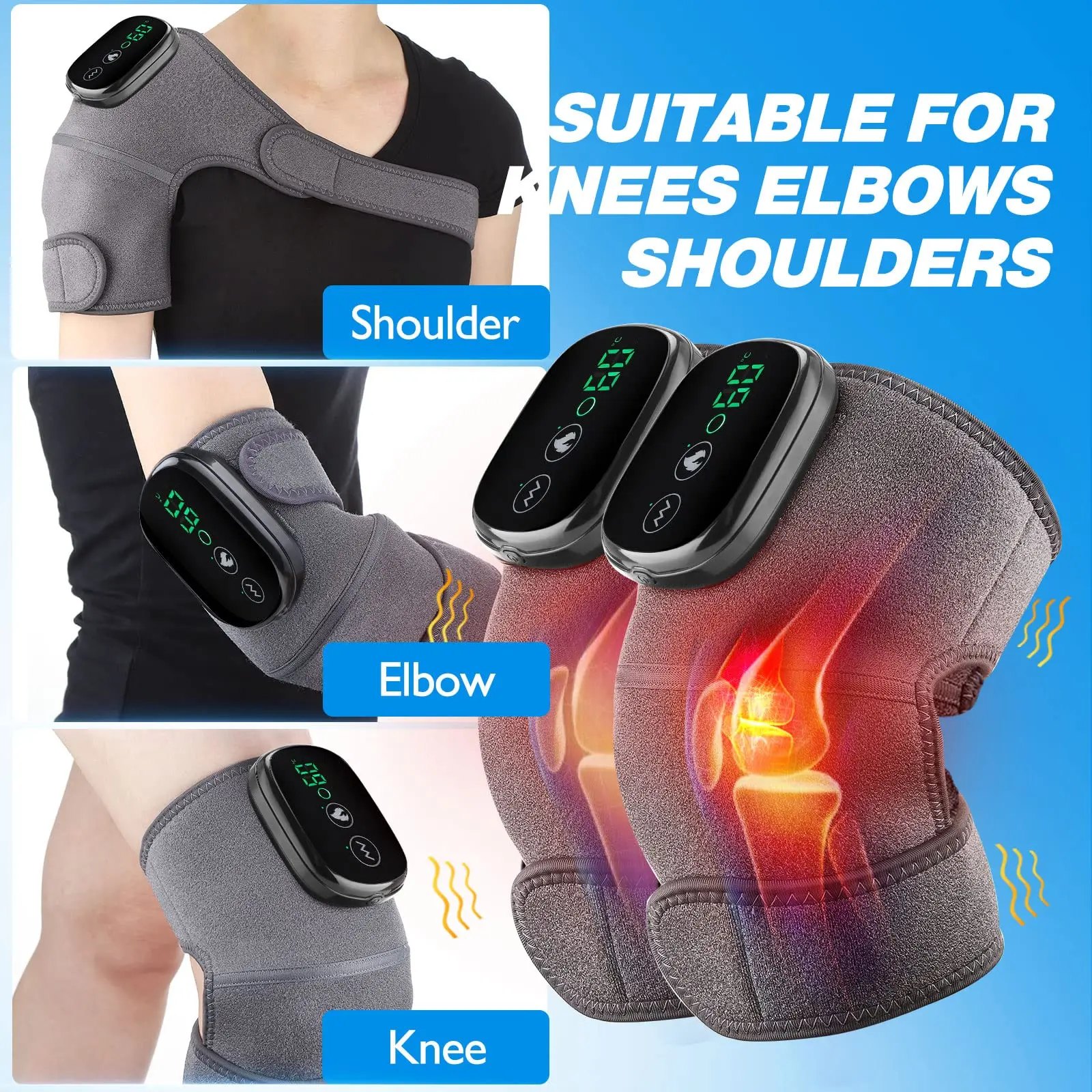Kopus TECHNOLOGY Cordless Knee Massager 3-In-1 Heated Knee Elbow Shoulder Brace Wrap Vibration Knee Heating Pad