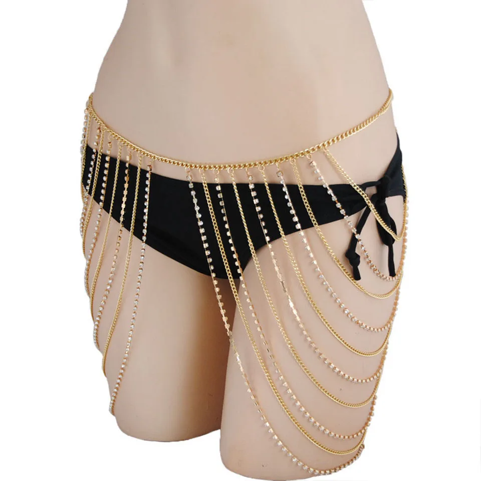 European and American cross-border simple personality wild geometric metal rhinestone multi-layer tassel fashion body chain