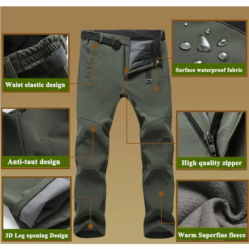 Hiking Pants Men Warm Fleece Softshell Pants Outdoor Sports Camping Fishing Skiing Trekking Windproof Waterproof Trousers