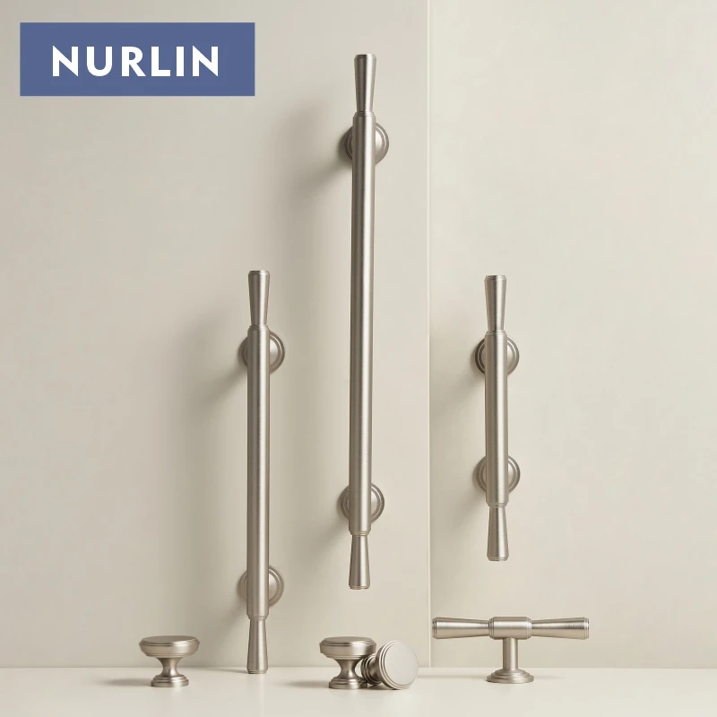 Nurlin Solid Brass Nickel Brushed Luxurious Silver French Modern Cabinet Handles Tbar Wardrobe Knobs