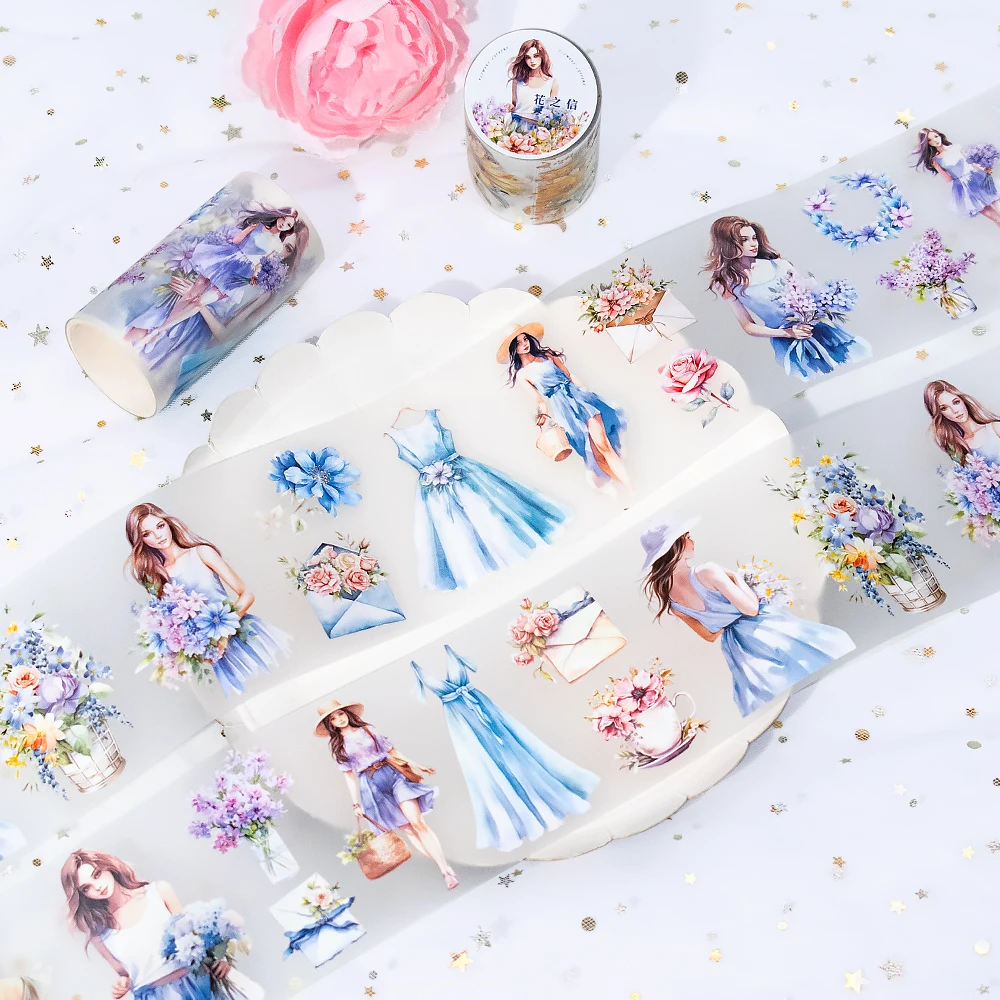 Decorative scrapbook matte PET tape customized journaling roll PET die cut washi tapes flowers journal stickers