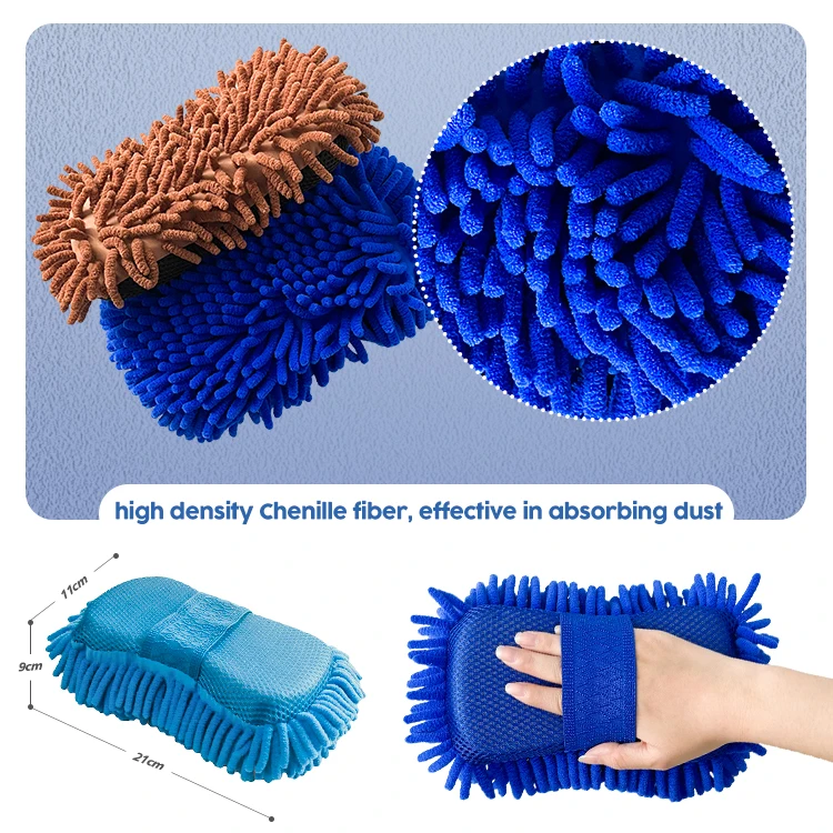 High Quality Premium Chenille Car Cleaning Sponge Mitt Microfiber Car Wash Sponge Gloves Customized Packaging Washing Gloves