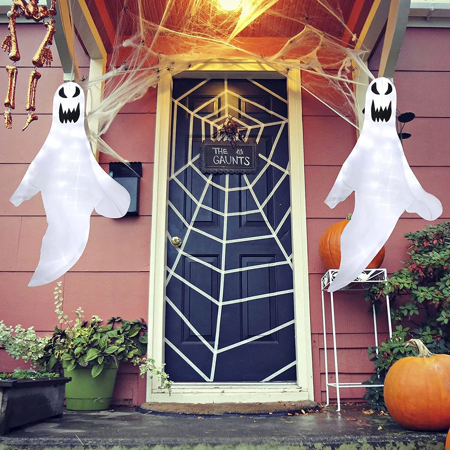 Customizable Halloween Ghost Windsock Light Hanging Halloween Flag Bendable Wire Framed with 80 White Cold Lights for Home Party