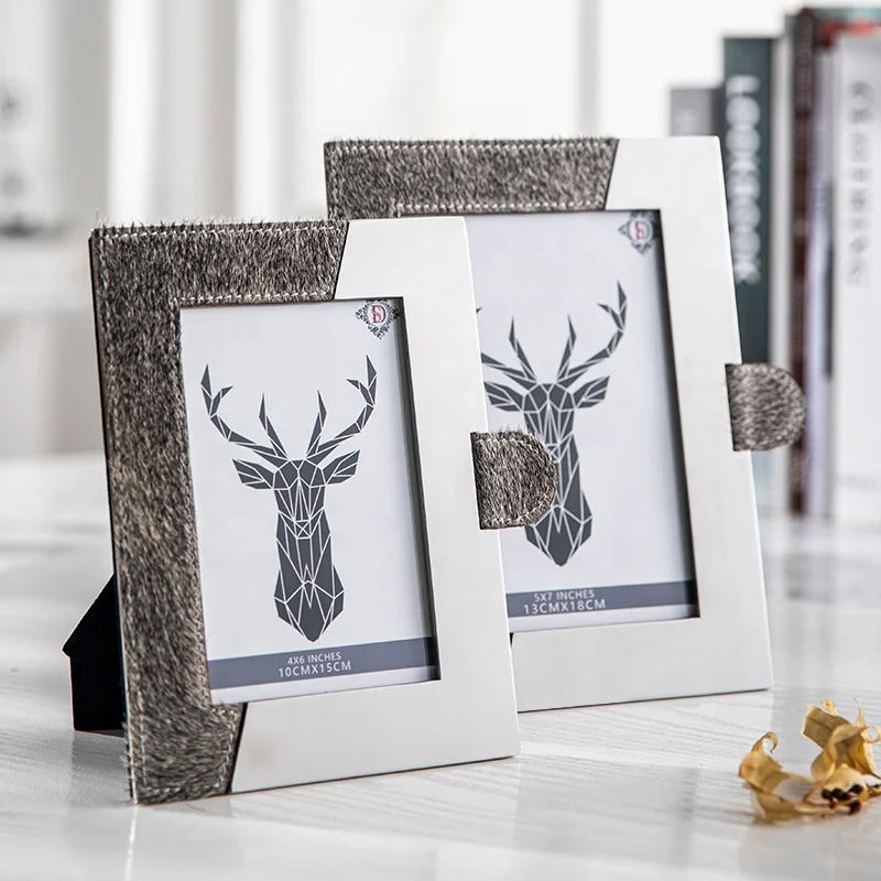 Customised photo frame luxury gray horse hair photo frame hotel/living desktop household metal silver mirror photo frame