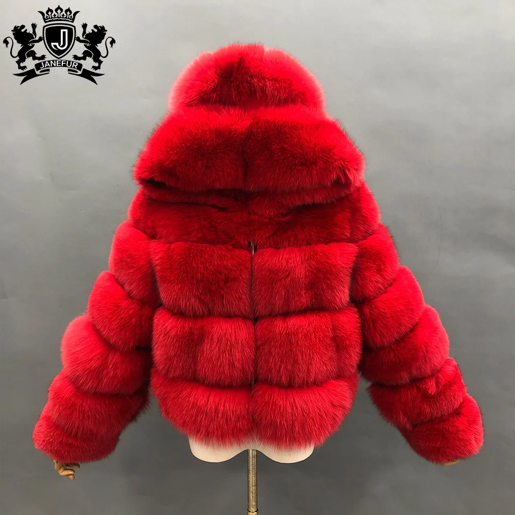 Winter Brown Hooded Short Raccoon Fur Coat Plus Size Real Fox Fur Bomber Jacket Crop Charming Fox Fur Coat