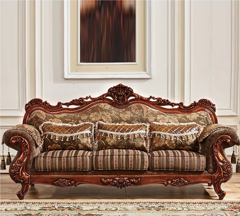 Luxurious European Fabric Sofa Villa Living Room Furniture Solid Wood Carving American Sofa Couch Combination Furniture
