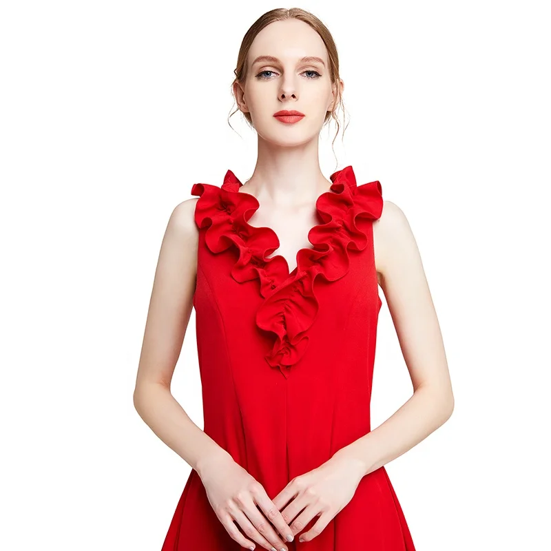 D004 Elegant Sleeveless Long flower V neck  red pink elegant Christmas prom gown dress factory for women