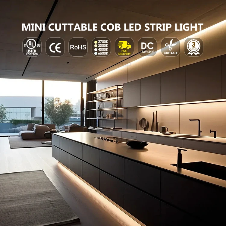 12V 24V 528Leds 8mm Wide Mini Cut COB LED Strip Light Ra90 Super Bright 10W Cuttable Flex LED Light Strip