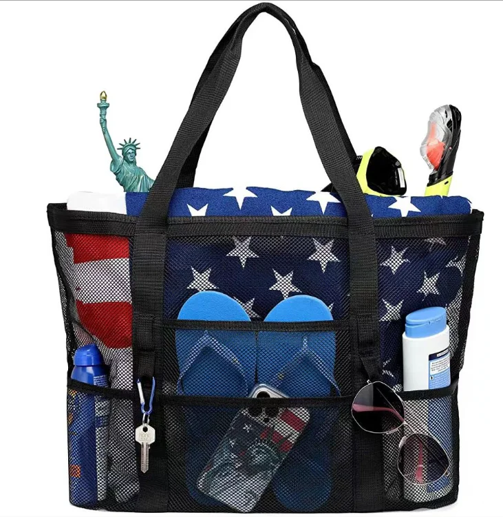 2023 New beach mesh tote bags wholesale Summer Solid Color Shell Collecting Bag Toy Swimming Accessories Mesh Beach Bag for Kids