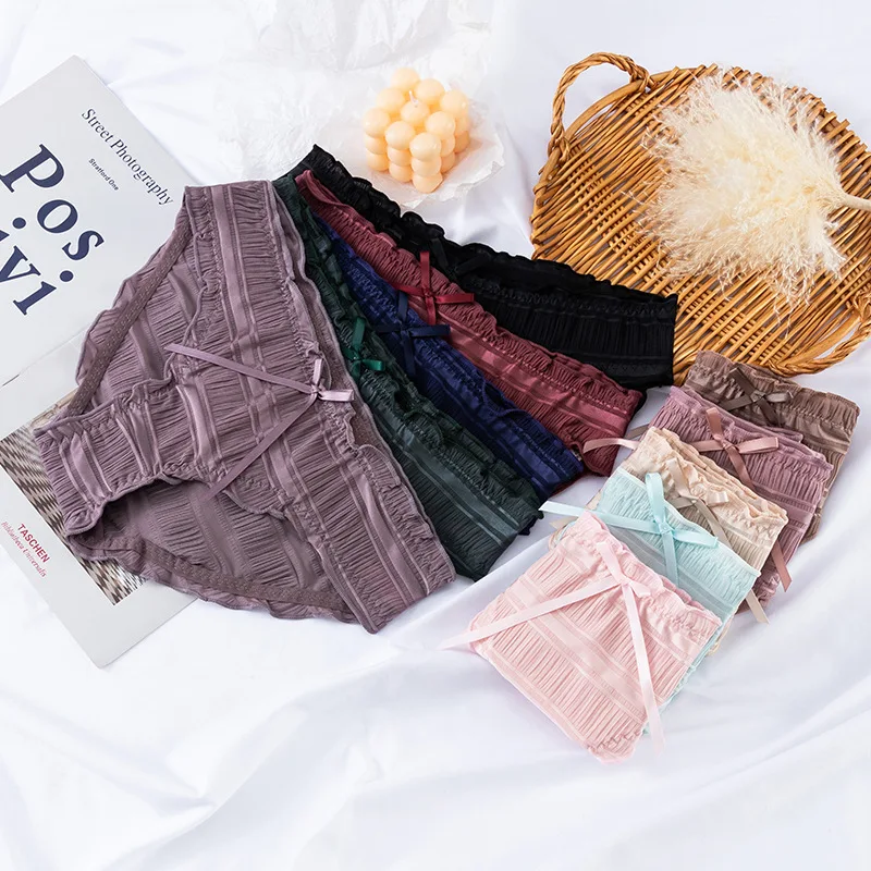 Light oxygen heartbeat treasure pleated zero friction ice color cherry blossom briefs lace low waist panties for woman