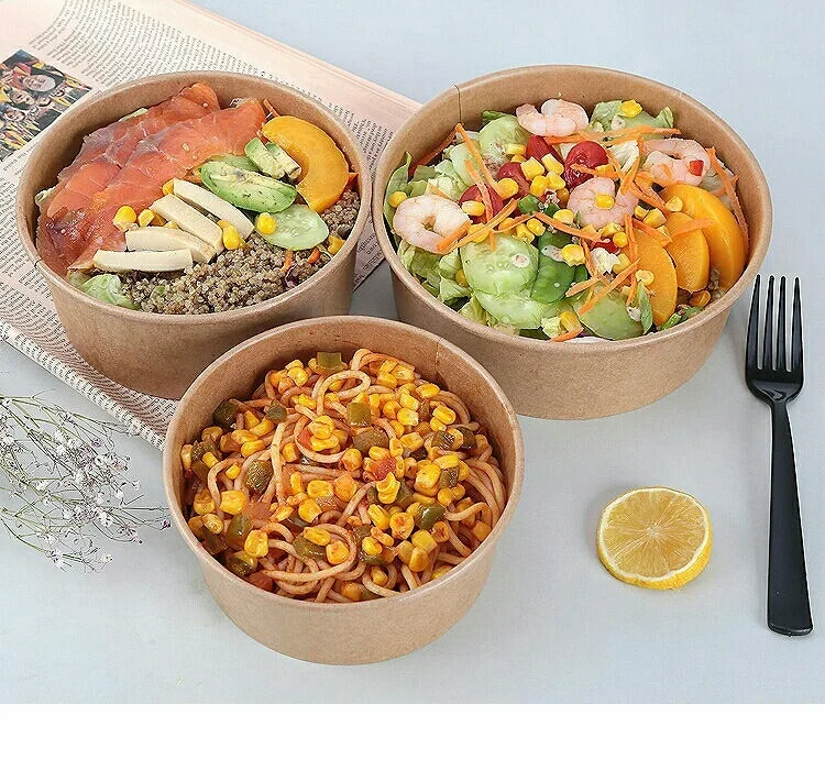 Disposable Take away Kraft Paper Salad Bowl with PET Lid Kraft Paper Bowl