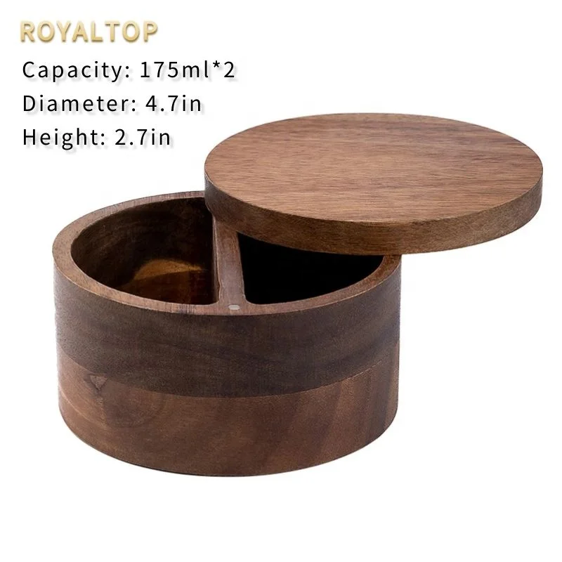Spice Condiment Holder Wooden Spice Box 2 Compartment Salt and Pepper Cellar Wood Spice Bowls With Lid & Spoon