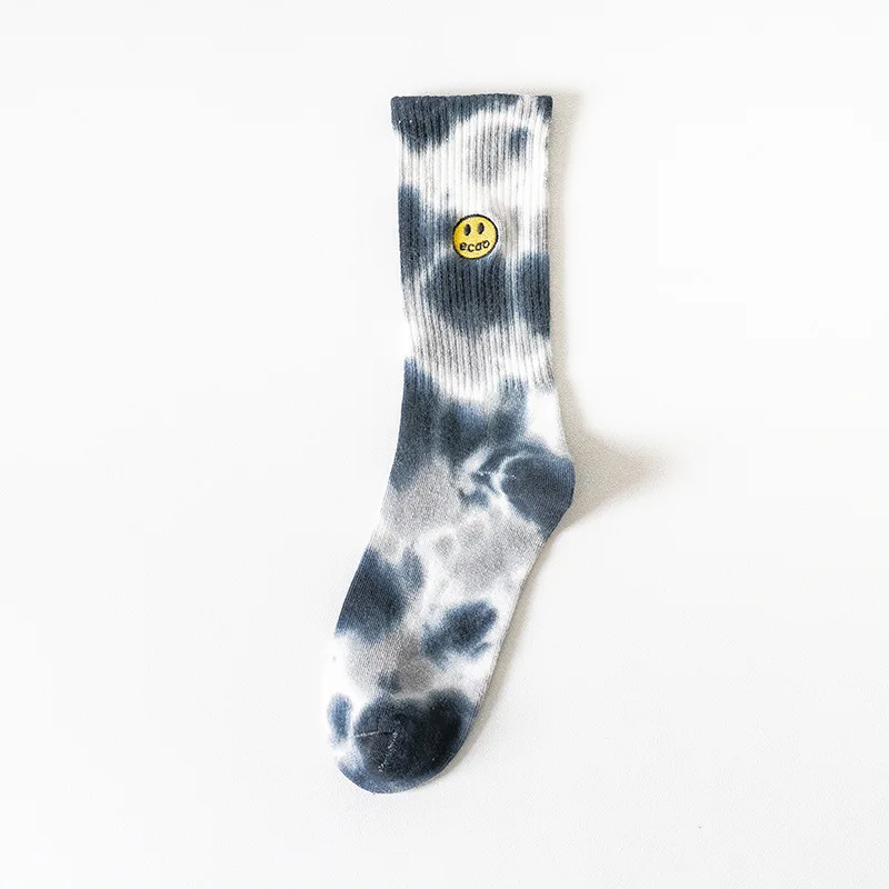 Fashion Brand Paint-splashing Nk Style Trendy Unisex Slouch Tie Dye Sox Happy Face Custom Embroidered Mid-length Tye Dye Socks