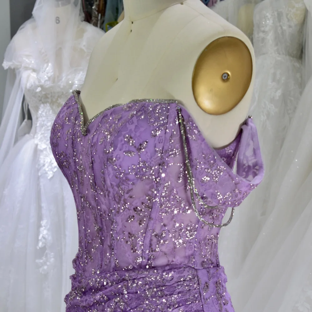 Wholesale new purple off-shoulder hand-pleated high-quality evening dress sexy mini skirt cocktail party dress
