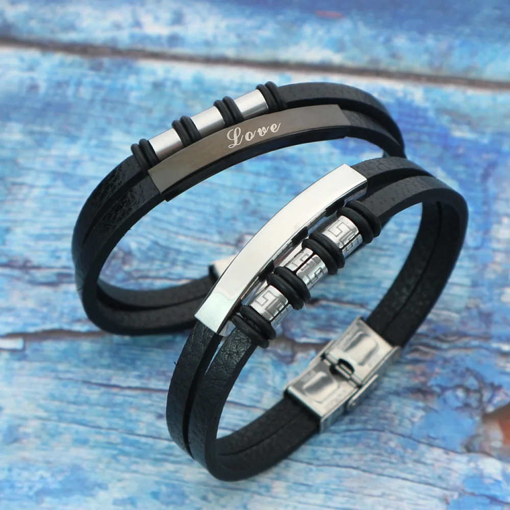 Wholesale Vintage Fashion Jewelry Gift Unisex Stainless Steel Engraving Leather Bracelet For Men