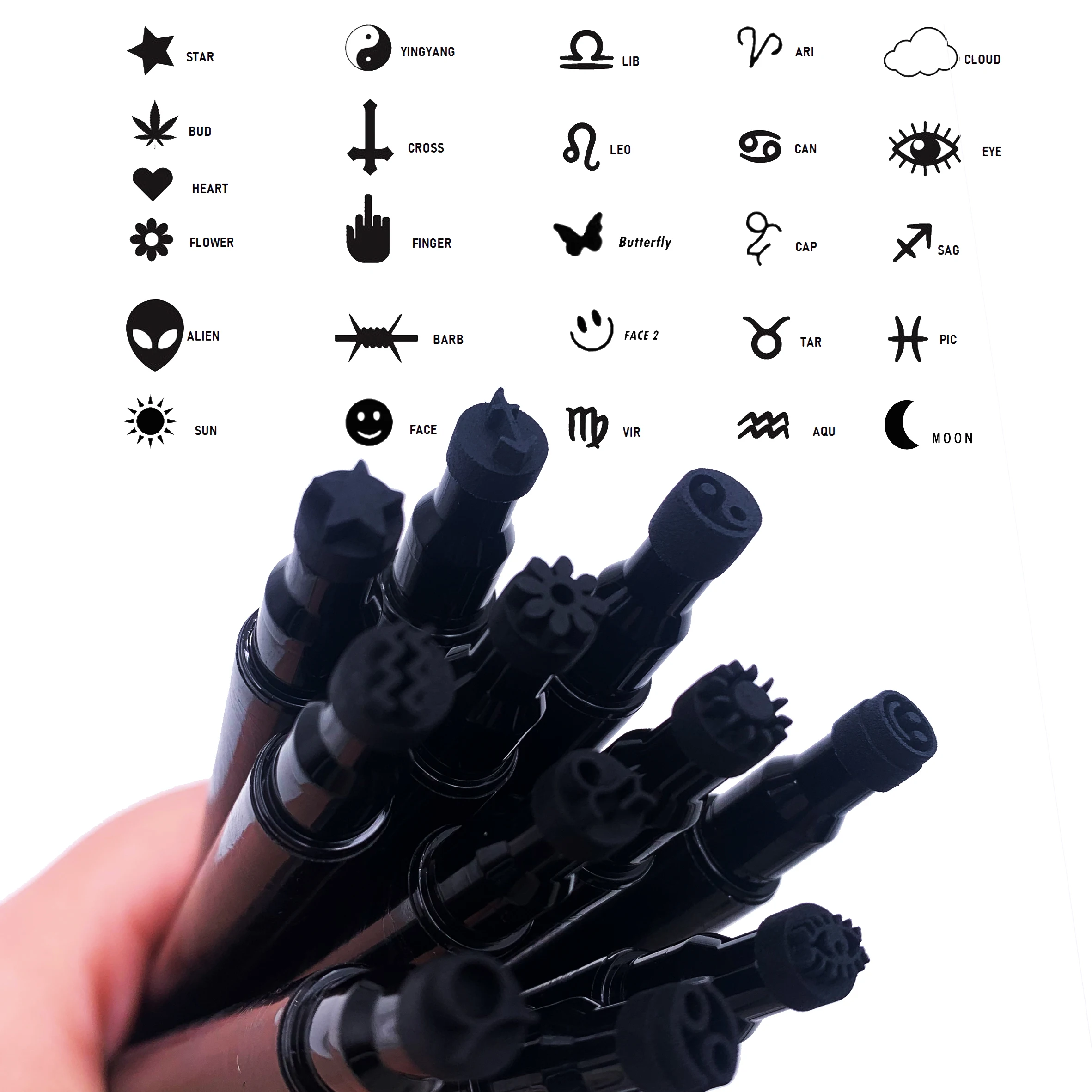 Eyeliner Stamps Pen With Bat, Spriderweb,Star,Moon,Heart,Flower,Smiley,Stamp Stencils Shapes Long-Lasting Waterproof Smudgeproof