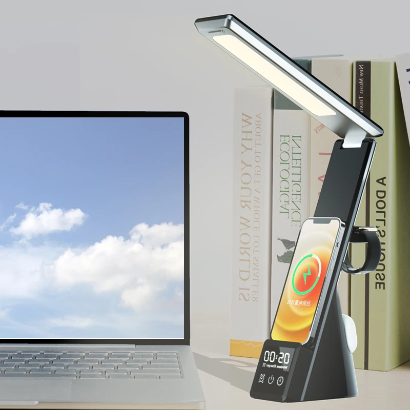 factory LED Desk Lamp 3 in 1 Multifunctional Table light 3 Level Fast Qi Wireless Charger Indoor Folding Reading Lamp With Clock