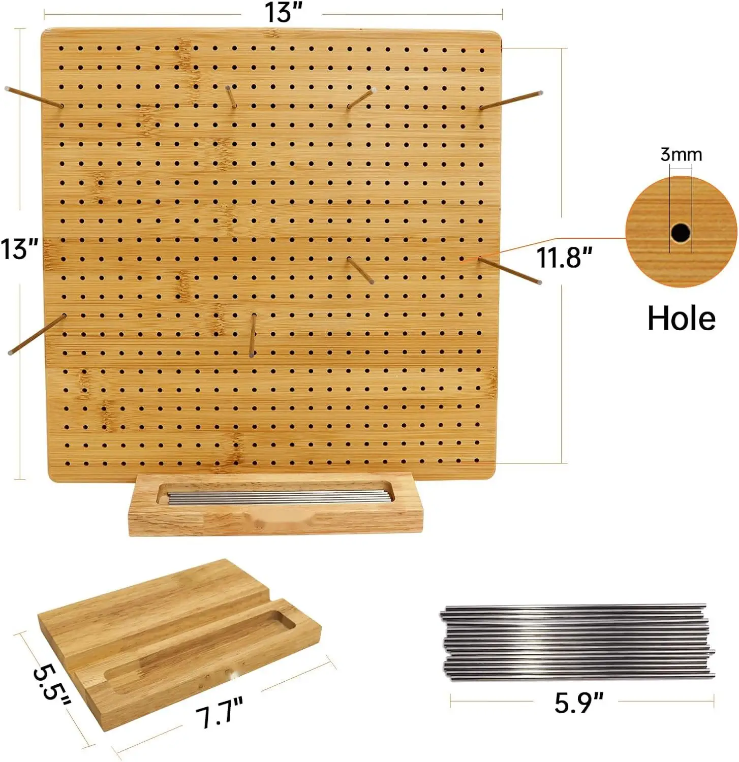 Blocking Board for Crocheting with 15 Stainless Steel Rods Crochet Blocking Board Large Base Bamboo Granny Square with Pegs