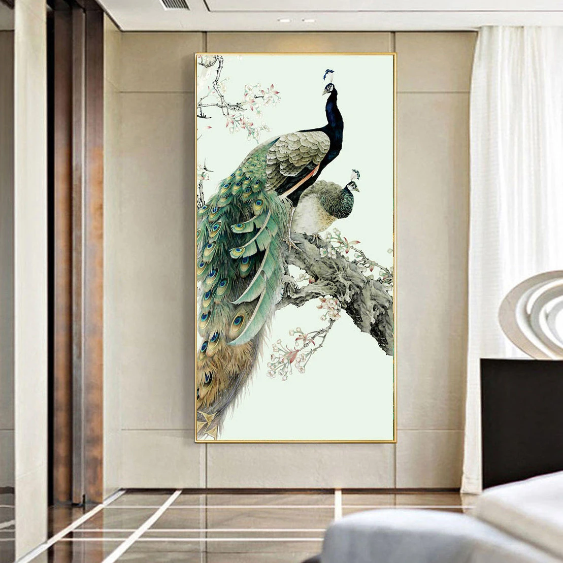 Best price classic peacock in green feather and blue feather frames wall home decoration artwork painting
