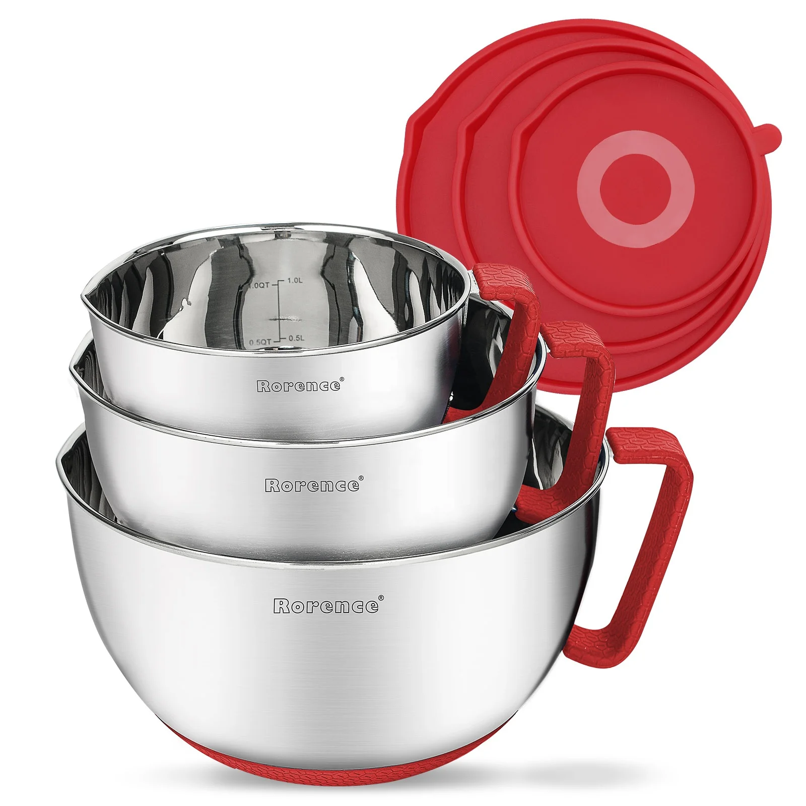 IN STOCK Rorence Kitchen Baking Non-Slip Mixing Bowl Food Container Stainless Steel Salad Mixing Bowls Set With Lids and Handle