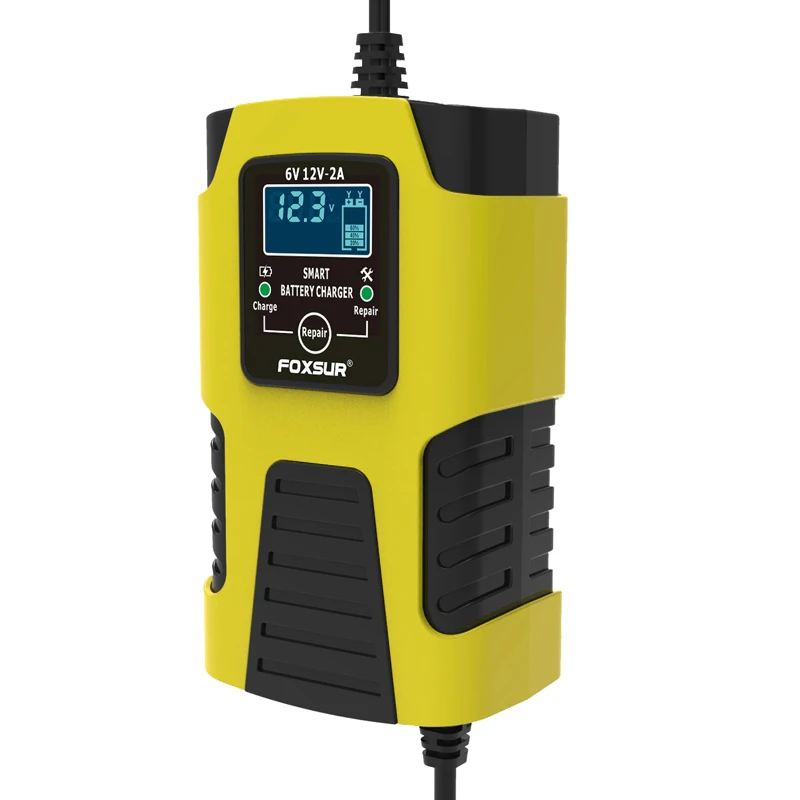 Foxsur Pulse Repair 12V 6V 2A Quick Charging Car Motorcycle Battery Charger for AGM GEL Battery