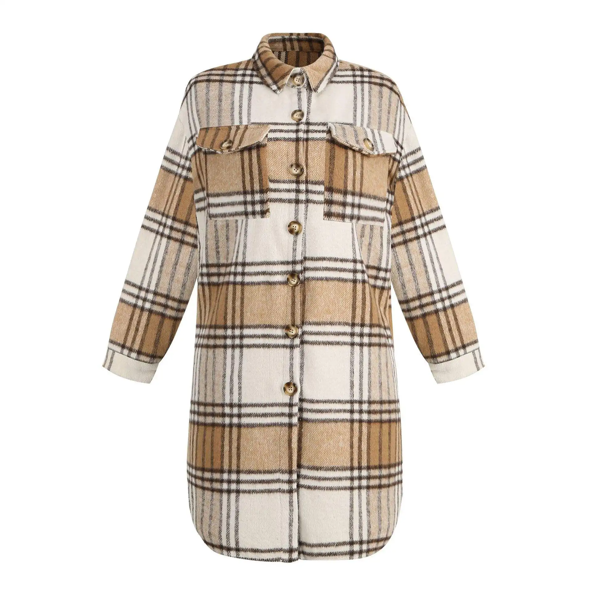 2022 Fashion Long Sleeve Plaid Print Shirt Woolen Coat Winter Long Jacket