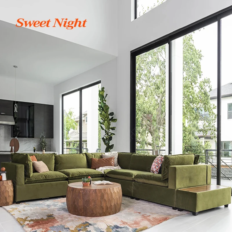 luxury upholstered u shape design for home corner furniture velvet fabric living room sofas