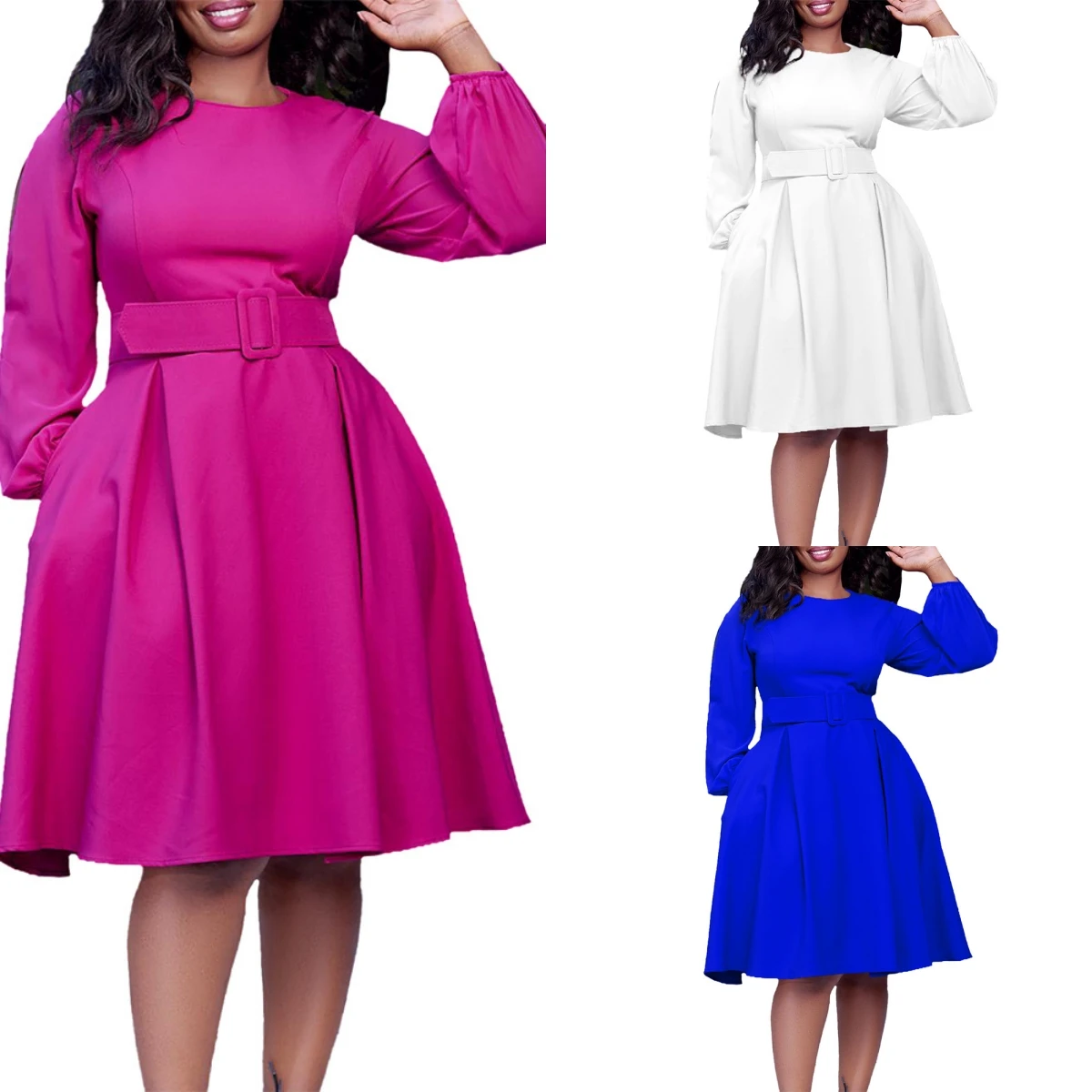 D418 Latest Design African Dresses For Women Clothing O Neck A-line Dresses Women Lady Elegant Autumn Winter Dress With Belt