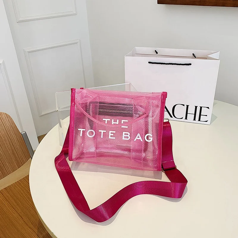 OEM custom logo clear jelly pvc mesh net beach travel tote shoulder bag EVA net women handbag