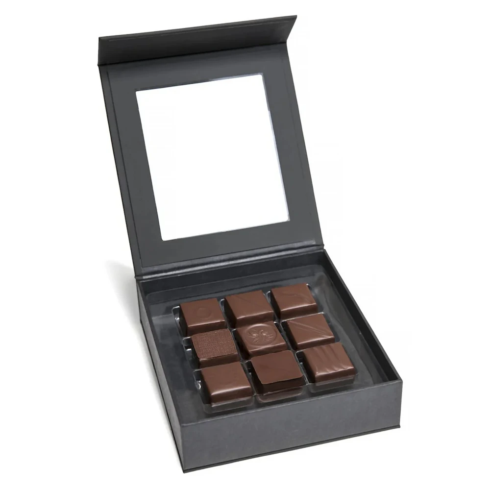 Custom empty black chocolate truffle box packaging with window boxes for truffles