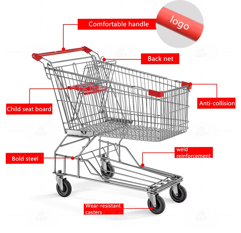 Manufacturer 125L hot sale Asian style rolling metal grocery supermarket shopping trolley cart